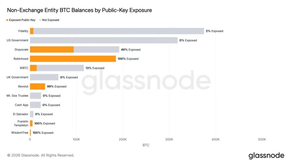 Glassnode chart showing bitcoin balances exposed to public keys and the proportions affected at different companies and entities, including Fidelity, Grayscale, Robinhood and Revolut.