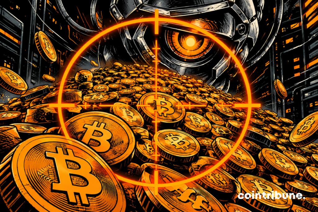 Illustration of bitcoins targeted by a robotic eye, symbolizing the risks of artificial intelligence for crypto security.
