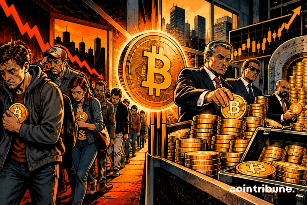The scene illustrates the contrast between the departure of small investors and the accumulation of Bitcoin by large holders. On the left, worried individuals are leaving the market, clutching their last Bitcoin coins to them. The downward arrow symbolizes their loss of confidence in the face of financial turmoil. On the right, wealthy investors, dressed in suits, calmly accumulate huge piles of bitcoins in a secure vault. The ascending graph speaks to their long-term optimism. In the center, a gigantic Bitcoin coin separates these two opposing behaviors. The whole underlines a potential transfer of assets towards large investors, despite market uncertainty.