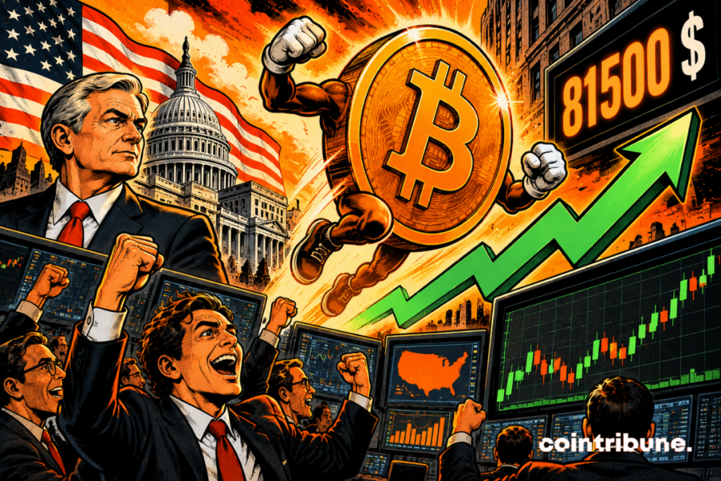 The scene illustrates Bitcoin's rebound to $81,500 after the release of US economic data. In the center, a gigantic personified Bitcoin coin soars upwards, carried by an ascending green arrow symbolizing the market recovery. In the foreground, several enthusiastic traders celebrate this progress in front of their financial screens. In the background, the Capitol and the American flag recall the origin of the economic statistics that influenced investors. The amount $81,500 highlights the level reached. The orange and black colors accentuate the dynamism. All in all, this reflects a renewed sense of optimism, without guaranteeing a lasting increase.