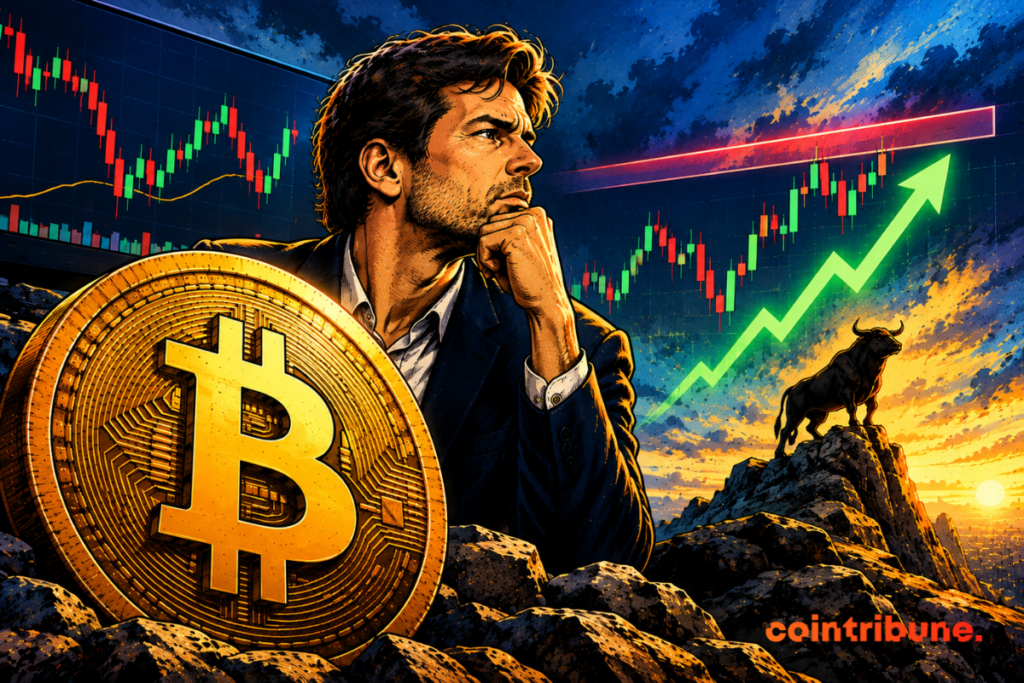 Bitcoin illustration with a thoughtful trader, a rising price chart and a bull facing technical resistance.