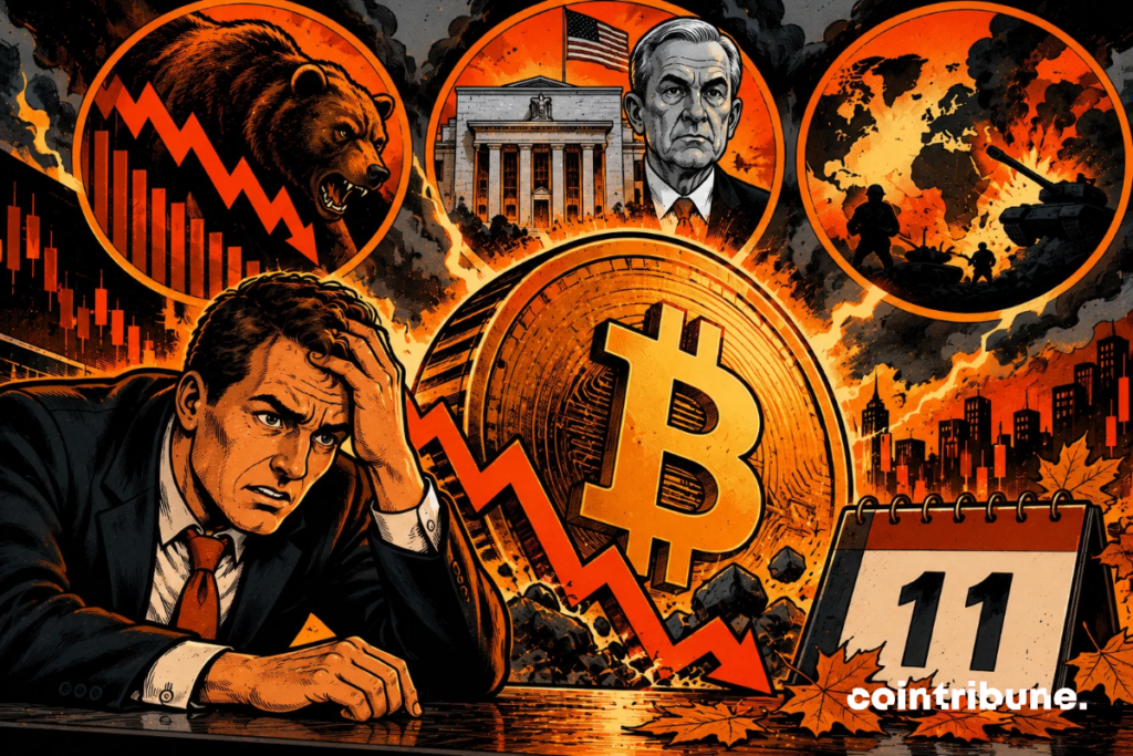 The scene illustrates the three factors that could complicate Bitcoin's outlook in November. In the foreground, a worried investor observes a gigantic Bitcoin coin threatened by a downward arrow. At the top left, a bear and bearish charts symbolize selling pressure. In the center, the US Federal Reserve represents the uncertainties linked to monetary policy. On the right, military conflicts evoke geopolitical tensions likely to disrupt markets. The calendar displaying 11 recalls the month of November. The whole reflects a climate of uncertainty, without presenting a further decline in Bitcoin as inevitable.