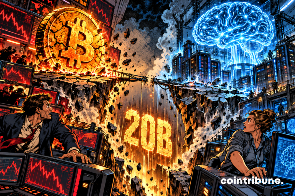 Bitcoin and an AI infrastructure teeter on either side of a financial chasm marked 20B.