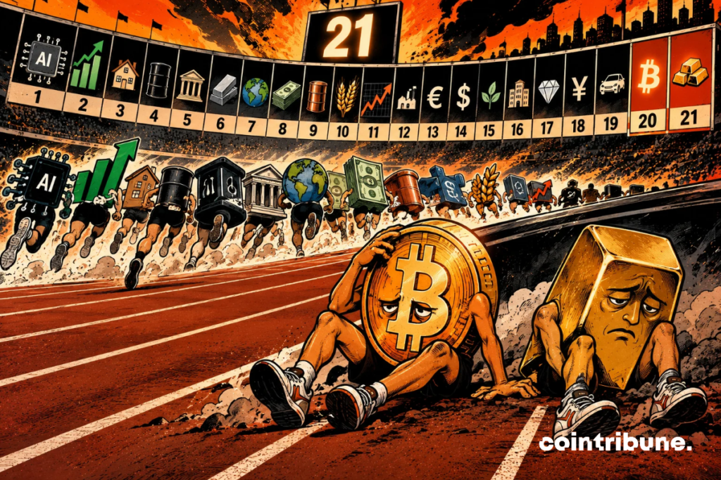 The scene illustrates the poor performance of Bitcoin and gold, ranked last among 21 asset categories in 2026. In a huge stadium, the different asset classes participate in a race symbolizing their financial performance. In the foreground, Bitcoin and a personified gold bar appear exhausted and discouraged, occupying the last positions. Behind them, stocks, artificial intelligence, real estate and raw materials continue to advance. The table displays ranks 20 and 21, emphasizing their relative backwardness. The whole reflects a surprising reversal of performance, without calling into question their long-term investment potential.