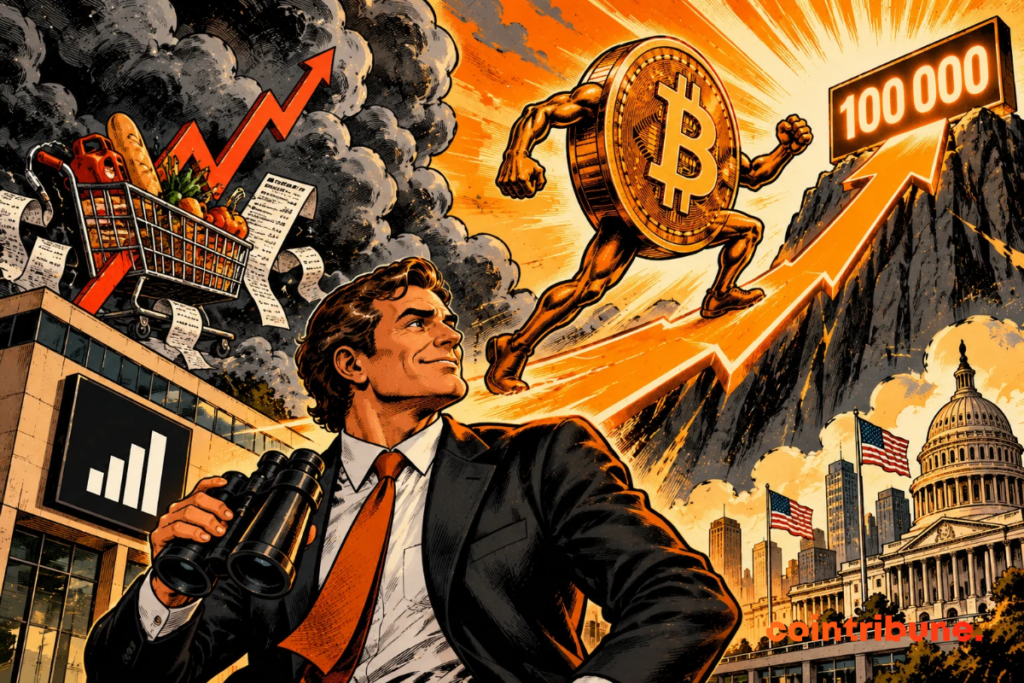 The scene illustrates Bitwise's optimism about a $100,000 Bitcoin despite inflationary pressures. In the foreground, a smiling financial analyst confidently observes the market outlook. Behind him, a personified Bitcoin climbs an upward arrow toward the peak of $100,000, symbolizing this ambitious goal. On the left, the dark clouds, shopping cart and receipts represent persistent inflation. The US Capitol recalls the economic and monetary context of the United States. The whole contrasts macroeconomic uncertainties with Bitwise's confidence, without presenting this increase as granted.