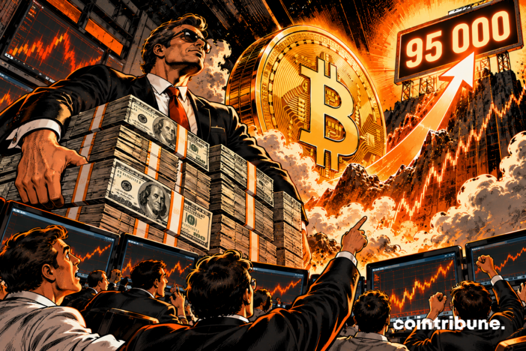 The scene illustrates a colossal $4.5 billion bet on a possible rise in Bitcoin to $95,000. In the foreground, an imposing investor, surrounded by mountains of banknotes, symbolizes the financial power behind this operation. The gigantic Bitcoin coin represents the coveted asset, while the upward arrow points towards the target of $95,000. Enthusiastic traders and bullish charts reflect market turmoil. The orange and black atmosphere accentuates the speculative tension. However, this representation remains symbolic: the $95,000 constitutes a planned objective, and not a level already achieved.