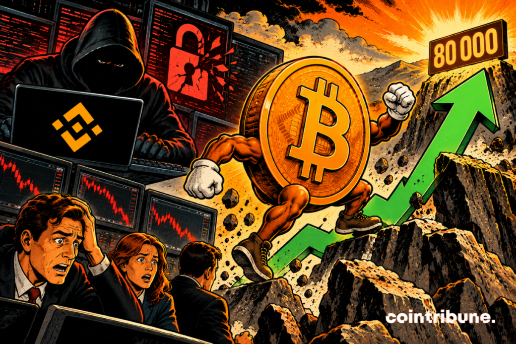 The scene illustrates Bitcoin's attempted rebound towards $80,000 after a hack associated with Binance. On the left, a hooded hacker manipulates a computer displaying the Binance logo, while a broken padlock symbolizes the cyberattack. In the foreground, panicked traders observe bearish charts, reflecting market concerns. On the right, a gigantic personified Bitcoin coin climbs a mountain, carried by an ascending green arrow. The 80,000 sign represents the target price target. The rising sun evokes hope for recovery. The whole contrasts security turbulence with the potential resilience of Bitcoin.