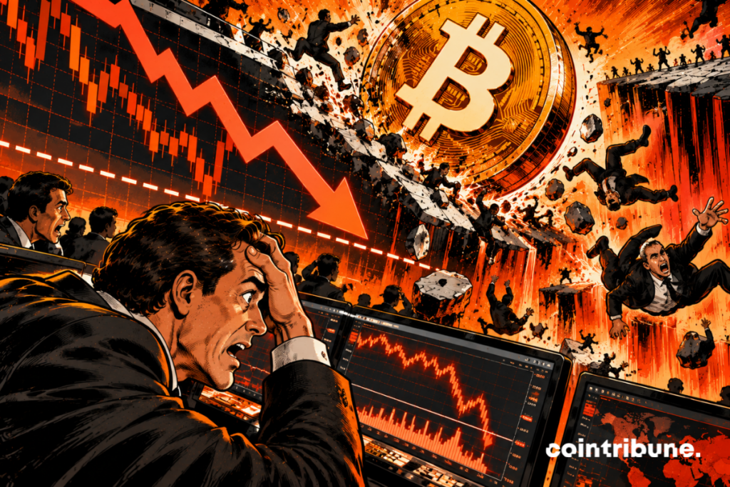 The scene illustrates Bitcoin's fall below $82,000, leading to $406 million in liquidations of bullish positions in the crypto market. In the center, a gigantic Bitcoin coin collapses, destroying the financial platforms in its path. The downward red arrow symbolizes the selling pressure and the brutality of the decline. The traders thrown into the void represent investors who had bet on an increase and whose positions were liquidated. In the foreground, a panicked investor watches the diving charts. The whole reflects a chain reaction of losses and forced liquidations.