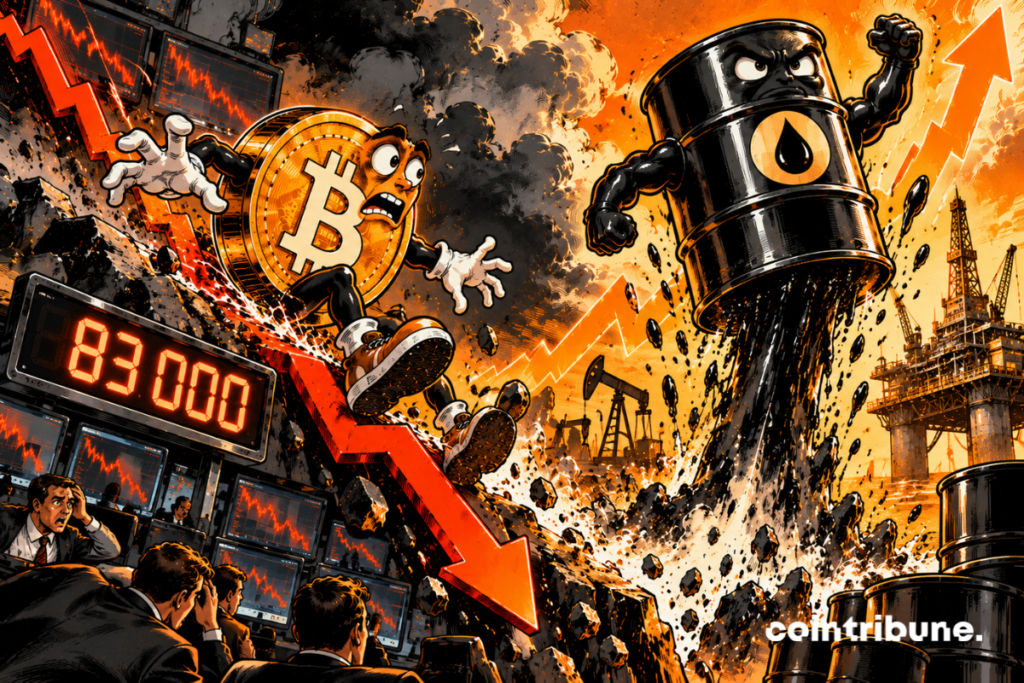 On the left, a personified Bitcoin slides suddenly on an immense downward financial slope, just under a terminal reading 83,000. Its face is worried, its arms are trying to regain balance. On the right, a gigantic barrel of black oil, personified with a determined expression, is propelled upwards by a powerful oil geyser.