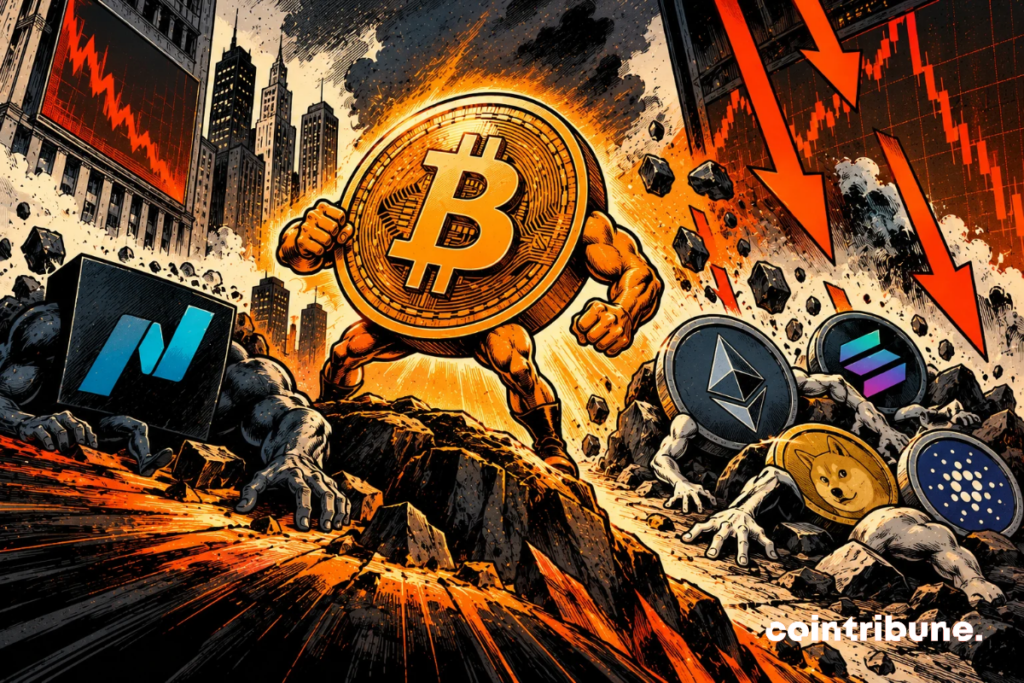 The scene illustrates Bitcoin's superior resistance against the Nasdaq and altcoins, according to Wintermute's analysis. In the center, a personified Bitcoin, powerful and determined, stands on a rock despite the financial storm. On the left, the Nasdaq appears weakened, symbolizing the difficulties of American technology stocks. On the right, Ethereum, Solana, Dogecoin and Cardano are shown on the ground, illustrating their relative vulnerability. The descending red arrows and debris suggest widespread selling pressure. The whole underlines the comparative solidity of Bitcoin in a turbulent market, without suggesting that it completely escapes declines.