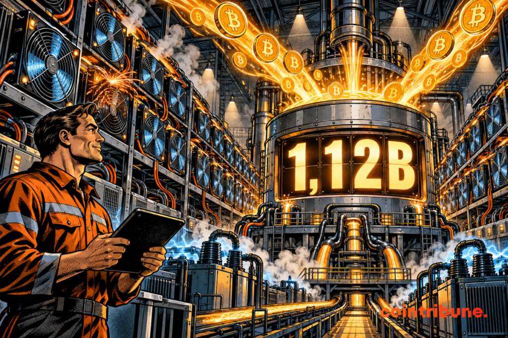 A crypto mining farm produces Bitcoin to a tank reading 1.12B.