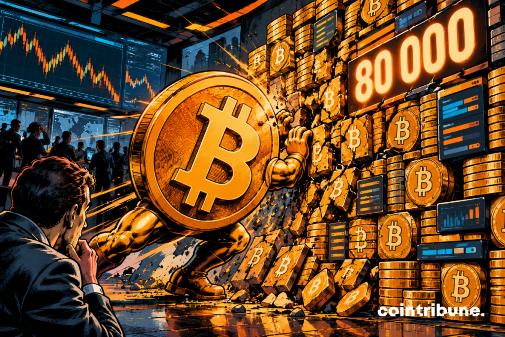 A giant Bitcoin faces a cracked wall at $80,000, while a worried trader watches weakening buying support.