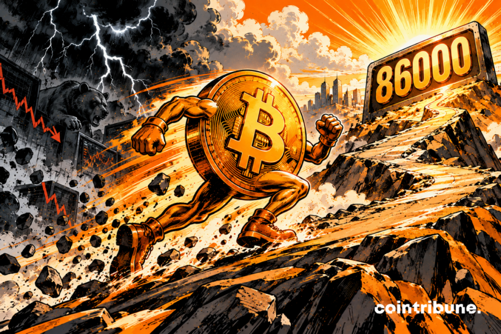 A personified Bitcoin, powerful but still marked by previous turbulence, climbs an immense inclined financial road. He has just emerged from a black storm zone visible behind him: clouds, rain, lightning and debris symbolize the previous difficult context. In front of him, the sky opens suddenly. A gigantic bright orange air current appears behind Bitcoin and pushes it backwards, inflating its coat and throwing dust and leaves forward. Bitcoin accelerates towards an imposing metal terminal reading only 86000. His expression changes from effort to newfound determination.