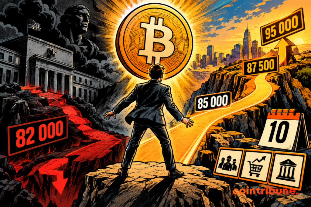 A crypto trader faces a giant Bitcoin at a crossroads: a dark path descends towards $82,000, while a bright path climbs from $85,000 to $87,500 then $95,000. A calendar marked “10” recalls the month of October and economic symbols evoke macroeconomic factors.