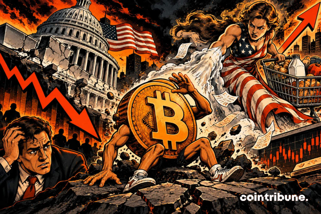 The scene illustrates the threats facing Bitcoin in the face of American economic fragility and persistent inflation. In the center, personified Bitcoin is trying to weather a violent financial storm. On the left, the cracked Capitol and downward arrow symbolize concerns about the U.S. economy. An anxious investor observes this situation. On the right, a woman wearing American colors pushes an overflowing shopping cart, representing the rising cost of living. The receipts and the upward arrow evoke inflation. All of this highlights the macroeconomic pressures likely to weaken Bitcoin, without announcing a certain decline.