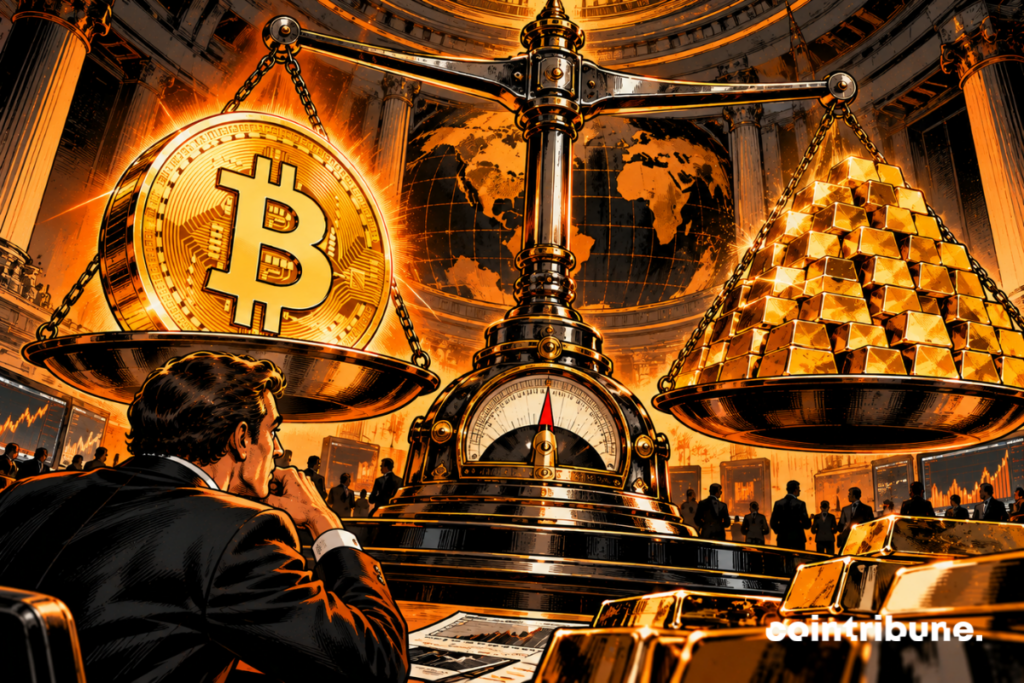 A huge orange Bitcoin on one tray, a mountain of bars on the other. In the foreground, an analyst observes with amazement the central needle approaching equilibrium. The balance is shaking, but convergence is not yet complete.