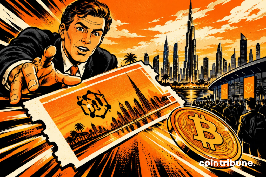 illustration of a man reaching for a Blockchain Life 2026 ticket in front of Dubai skyscrapers and a bitcoin