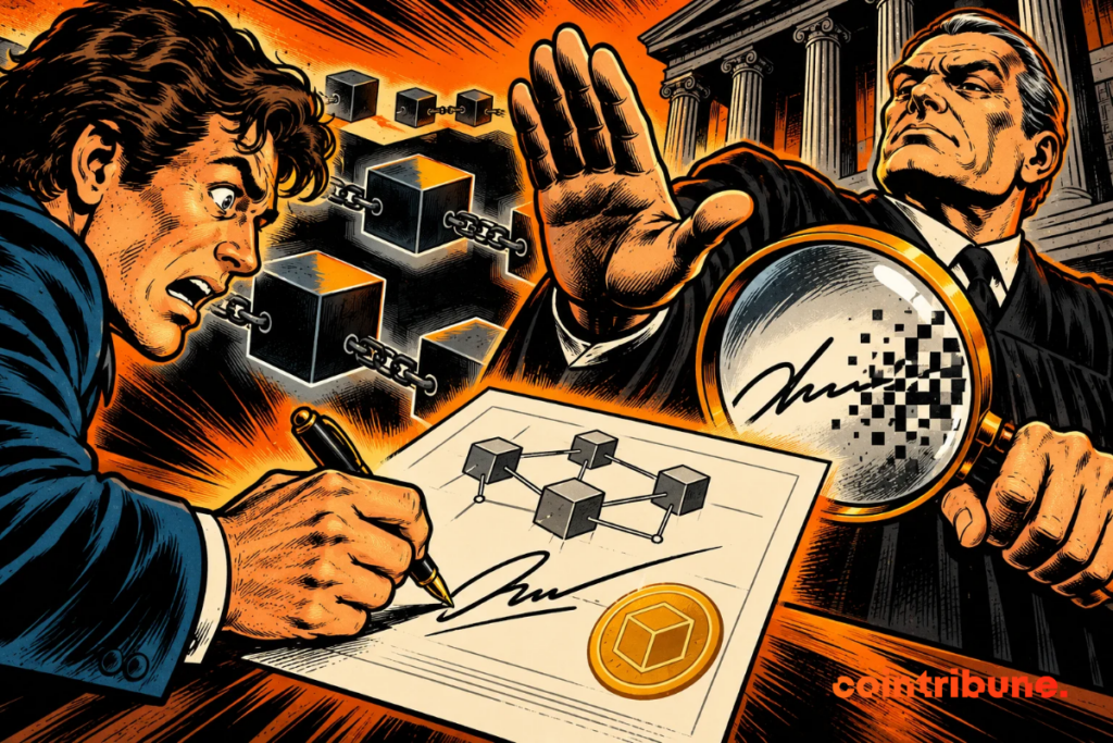 Illustration of a man signing a sealed certificate decorated with connected blocks, while an inspector examines the signature under a magnifying glass, against a blockchain background.