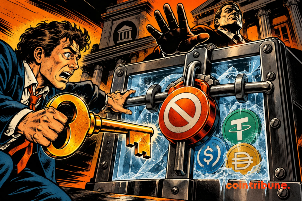 Illustration of a man brandishing a giant key in front of an ice chest crossed out with a prohibition sign, where stablecoin tokens are frozen.