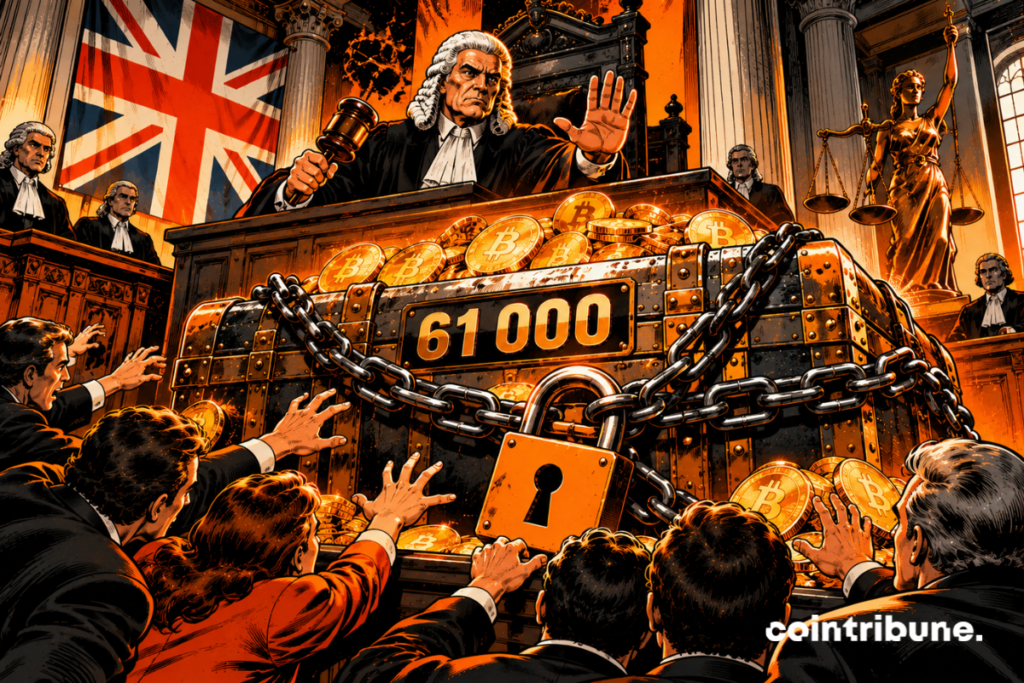 In a monumental British court, a judge in a white wig and black robe raises his hand to block the return of a huge chest full of Bitcoin, held by thick chains and an orange padlock, with the number 61,000 on the chest. Several people hold out their hands for the funds. British flag, dramatic light.