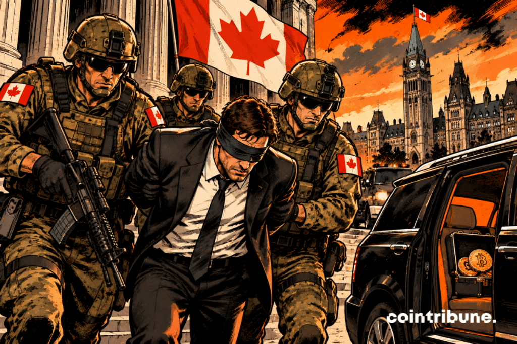 The scene illustrates the indictment of three Canadian soldiers suspected of being involved in the kidnapping of an entrepreneur specializing in cryptos. In the foreground, three heavily equipped soldiers surround a blindfolded businessman, symbolizing the violence and seriousness of the alleged acts. The black vehicle and the bitcoins visible inside suggest the possible financial motivations of the affair. In the background, the Canadian flag and the Ottawa Parliament place the event in Canada. The orange and black atmosphere reinforces the dramatic tension. This representation remains symbolic: the soldiers are charged, but their guilt has not been established.