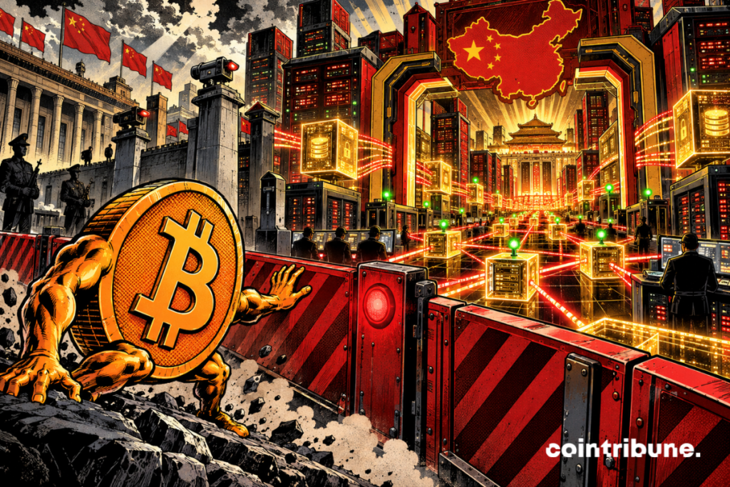 A Bitcoin remains stuck behind a fence while a vast Chinese blockchain network expands in the background.