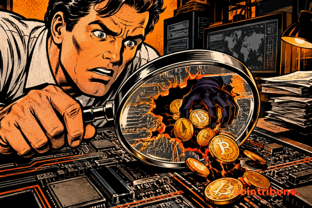 A crypto auditor closely discovers a flaw in an electronic circuit, through which a hacker hand steals bitcoins and ethers