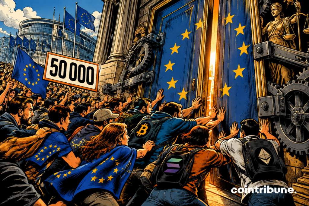 A European crypto crowd pushes an EU institutional gate under a sign reading 50,000.