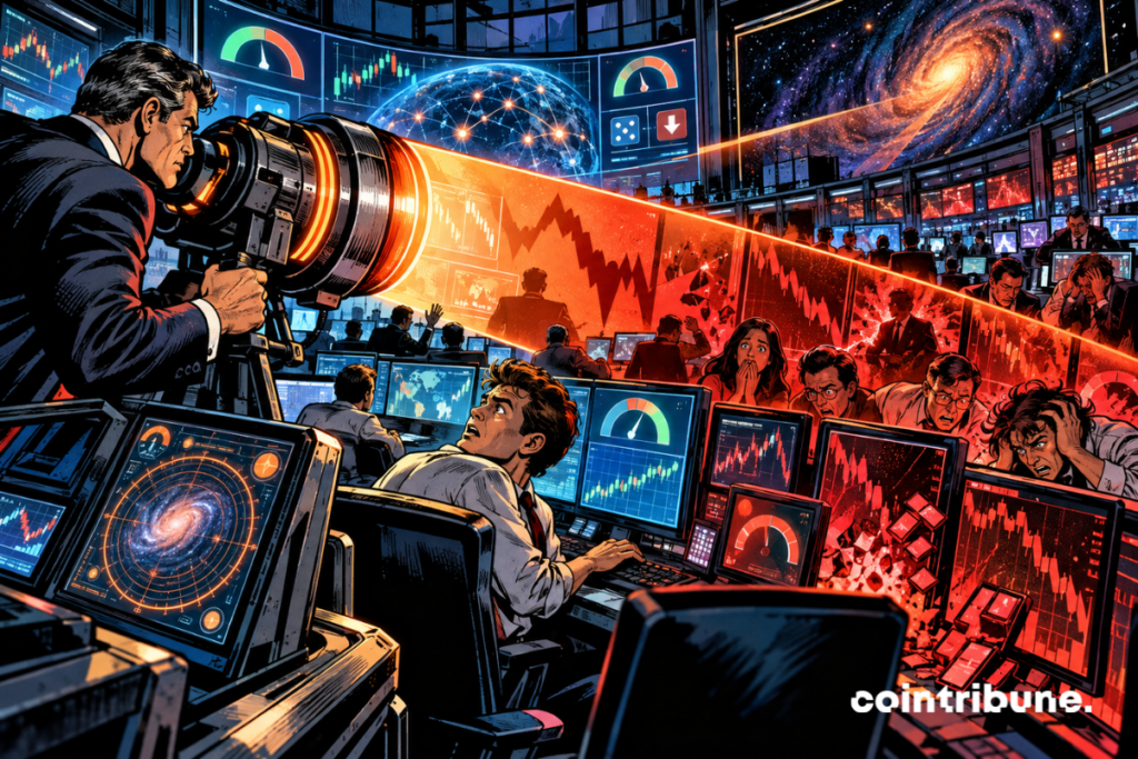 A financial scanner reveals red losses on the screens of crypto traders specializing in prediction markets.