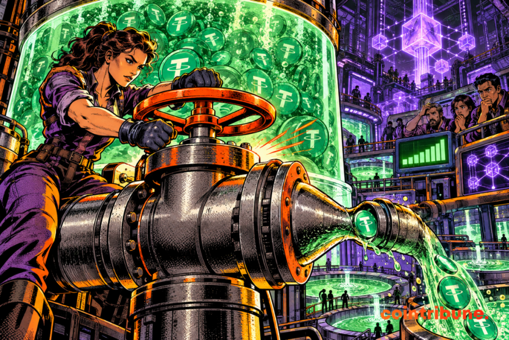 A female operator tightens a valve controlling the flow of USDT into a massive Aave crypto liquidity pool.