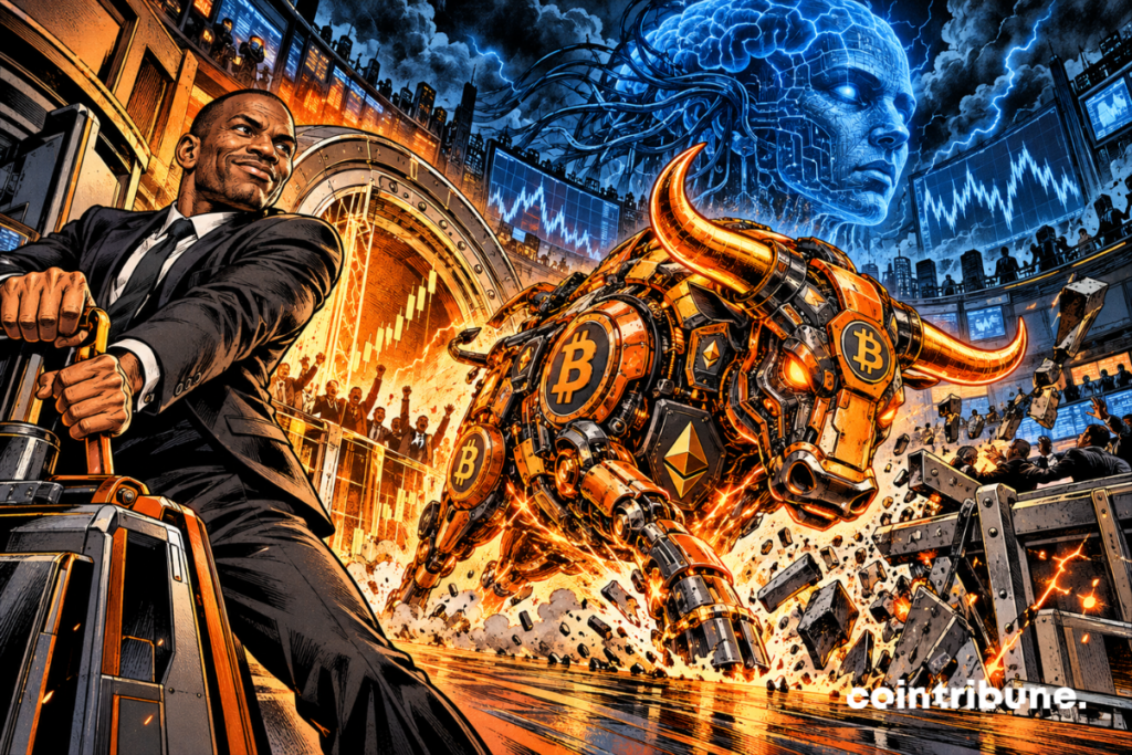 Arthur Hayes unleashes a crypto mechanical bull under the shadow of a gigantic AI brain.