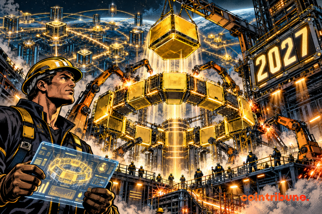 Engineers assemble a golden crypto infrastructure on a futuristic construction site, under an a2027 counter.