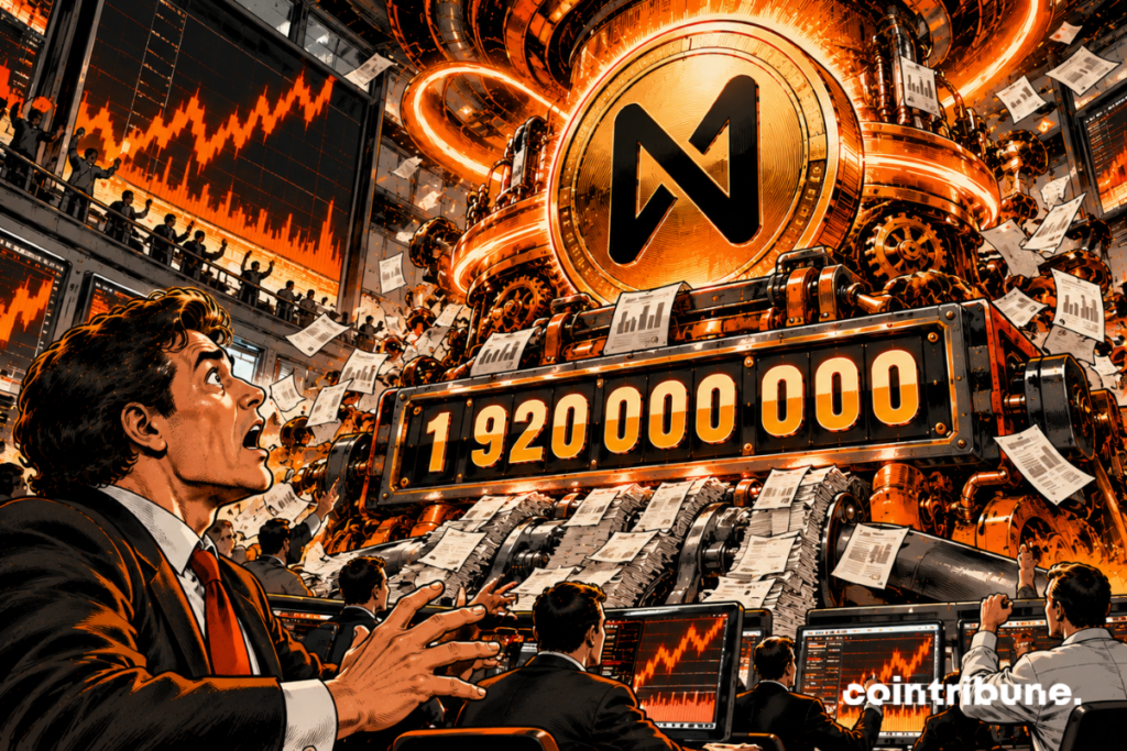 A spectacular trading room, a stunned trader in front of a giant mechanical counter reading 1,920000000, a huge coin with the NEAR Protocol symbol surrounded by orange gears, futures contracts accumulating in a financial machine.