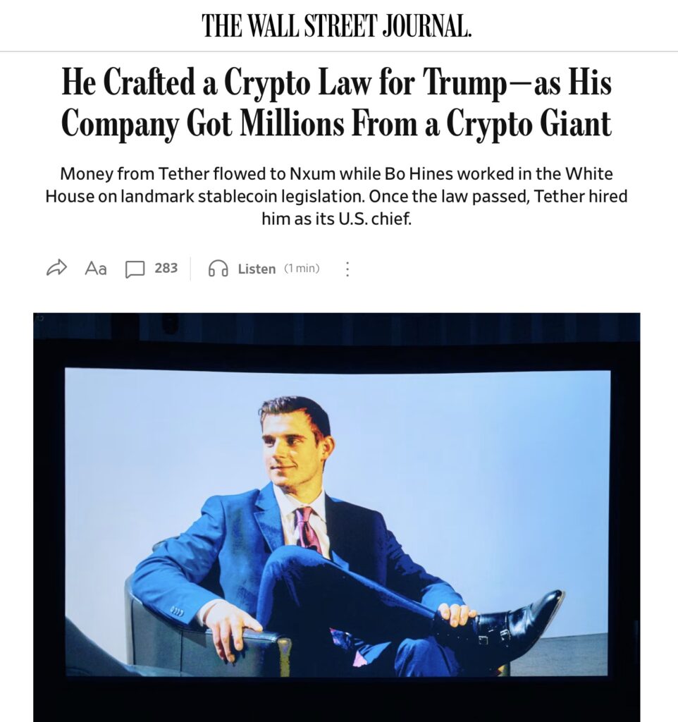 Tether is accused of paying $6.3 million to a senior White House adviser to shape stablecoin laws to its advantage. The US Senate has just launched an official investigation.