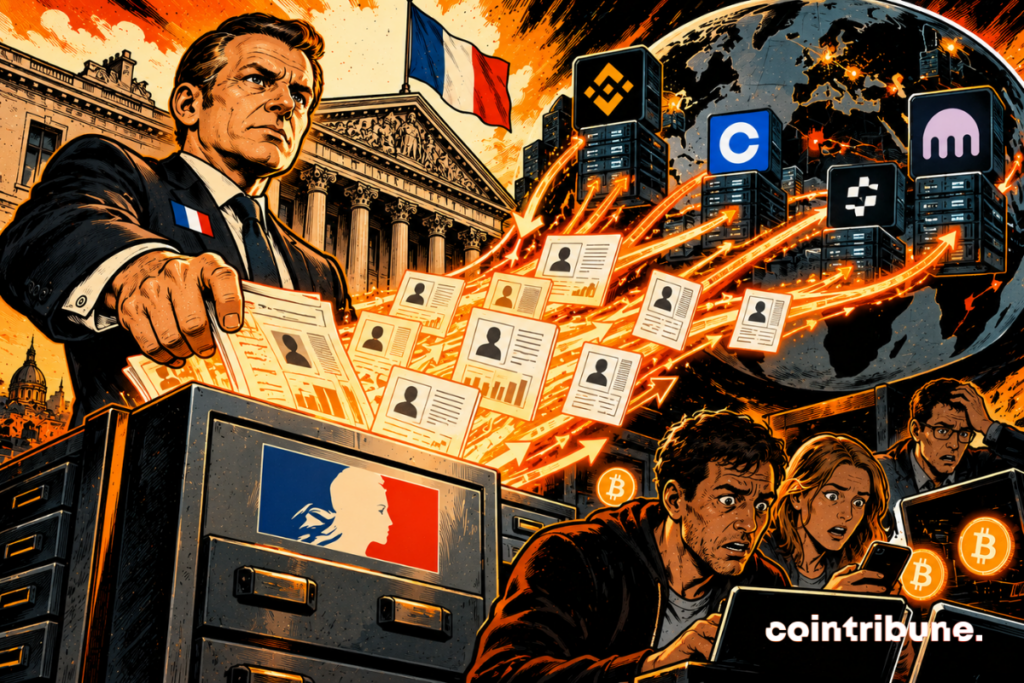 The scene illustrates the possibility for the French tax authorities to access the data of users of foreign crypto platforms. On the left, a representative of the tax administration monitors the arrival of digital files in a huge official safe. On the right, several international platforms, symbolized by their servers and their logos, transmit information through orange light flows. In the foreground, worried investors check their computers and smartphones, fearing increased tax surveillance. The terrestrial globe highlights the international dimension of trade. The whole thing evokes increased tax transparency, without presenting this potential transmission as already effective or systematic.