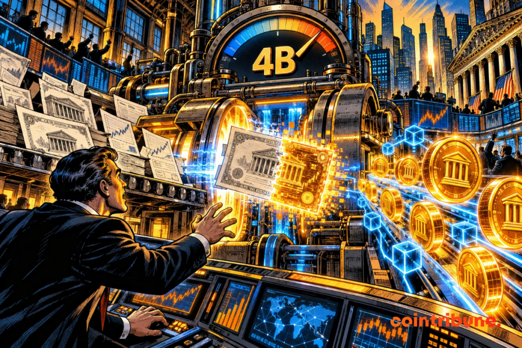 A machine transforms stock market shares into digital tokens, under a crypto counter approaching 4B.
