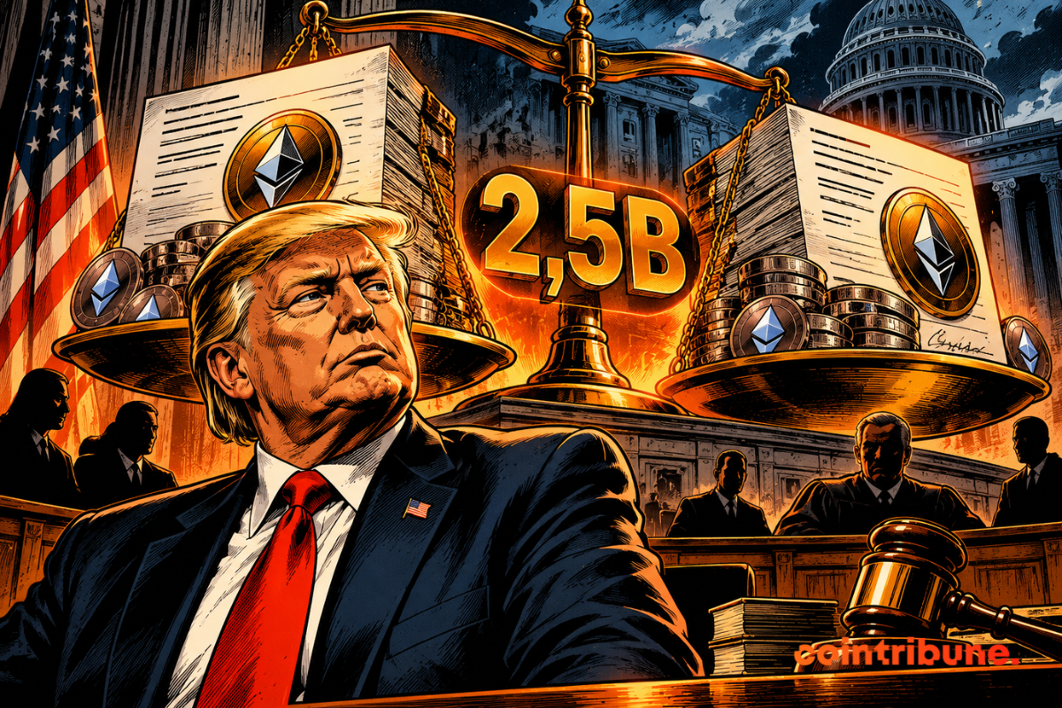Donald Trump stands in front of a scale of justice loaded with two crypto files in the amount of 2.5B.