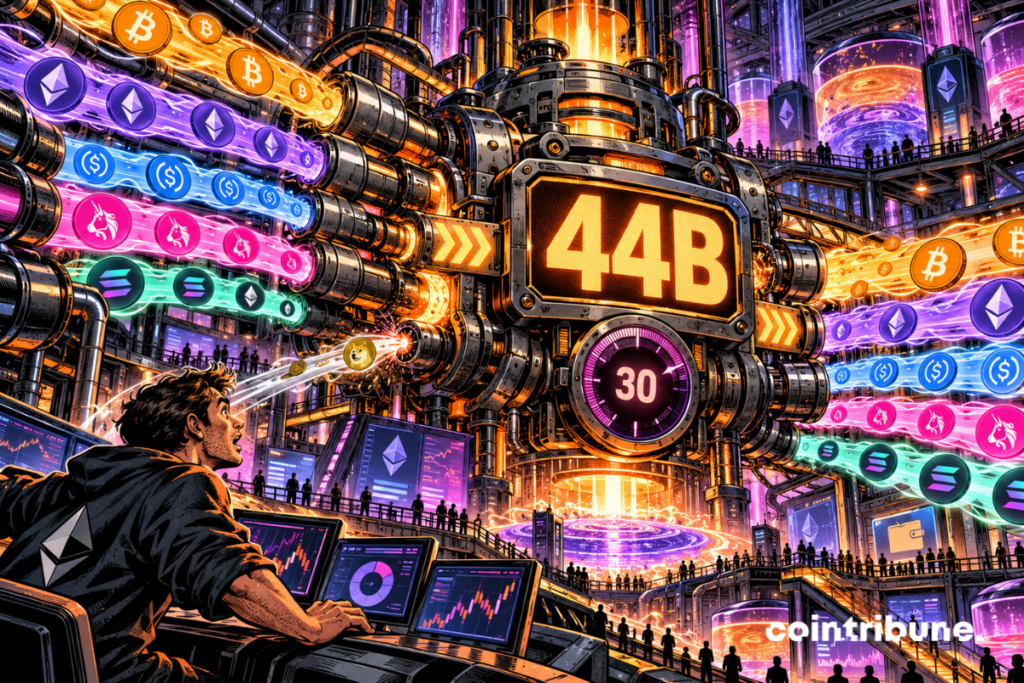 A Uniswap DeFi infrastructure processes huge crypto flows under counters showing 44B and 30.