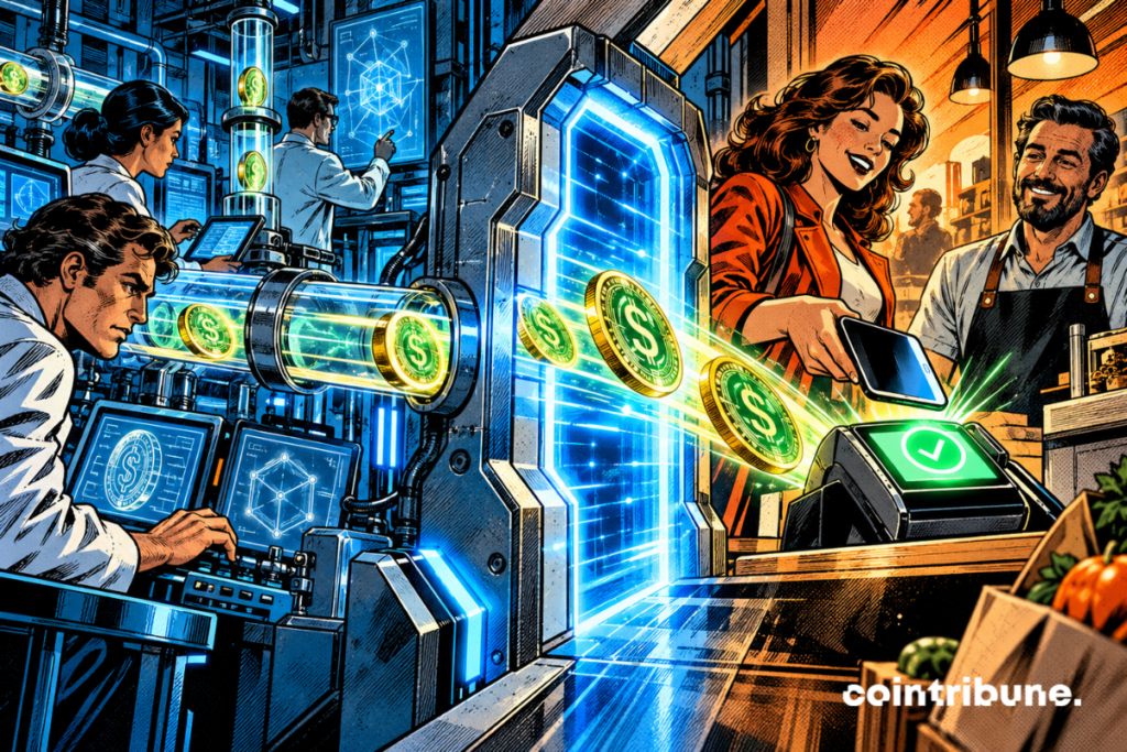 Stablecoins leave a crypto laboratory to pay for a purchase on a payment terminal.