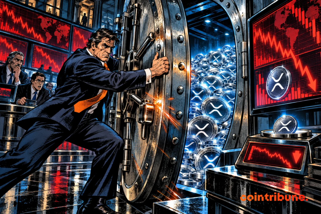 A manager locks up a vault full of XRP crypto, while red stock charts signal losses.
