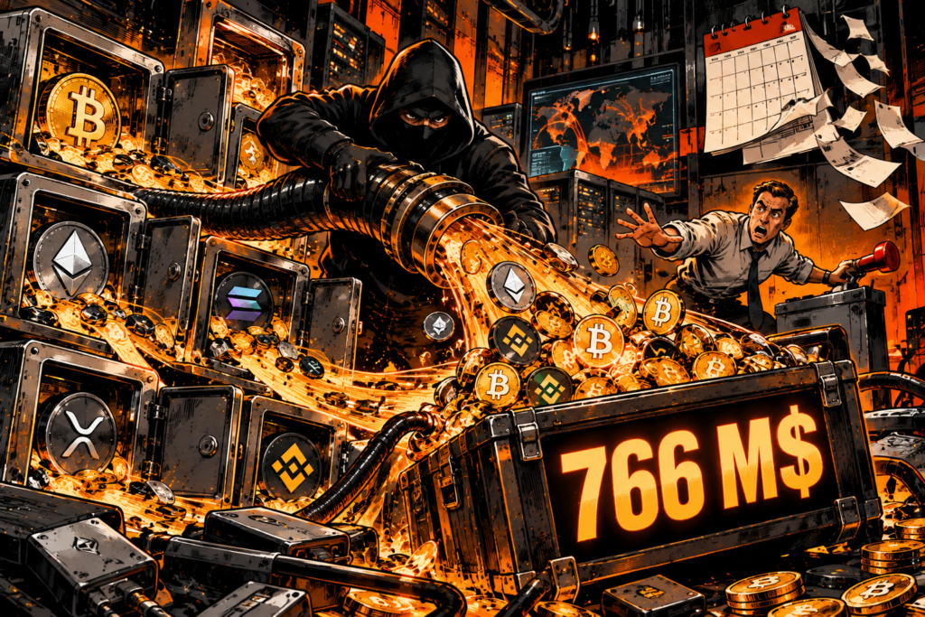 In a gigantic digital vault, a hooded hacker occupies the foreground in front of several shattered crypto chests. He just connected a huge black pipe to the infrastructure. This sucks a torrent of coins representing different cryptocurrencies into a digital briefcase displaying only $766 million. A cybersecurity manager sees the scene in the background, his face stunned, and rushes towards a huge orange emergency lever.
