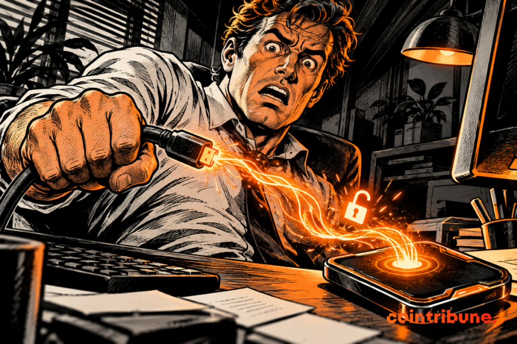 Illustration of a panicked man tearing out a cable, while a light filament still connects it to a device on his desk.