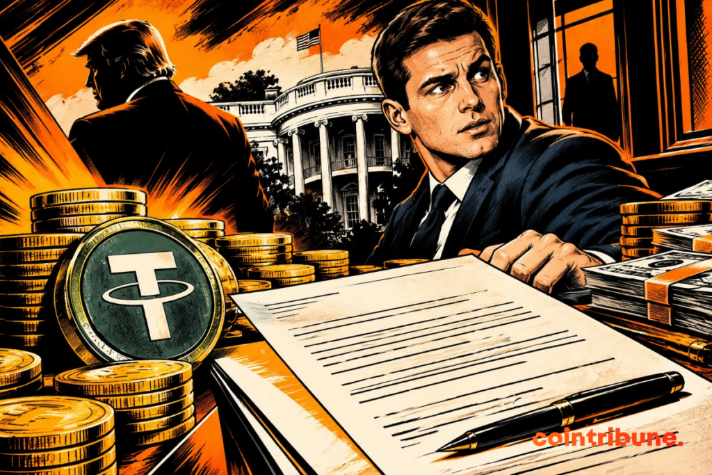 A man in a suit in front of a financial contract, surrounded by Tether crypto coins and wads of dollars, with the White House and a political figure in the background