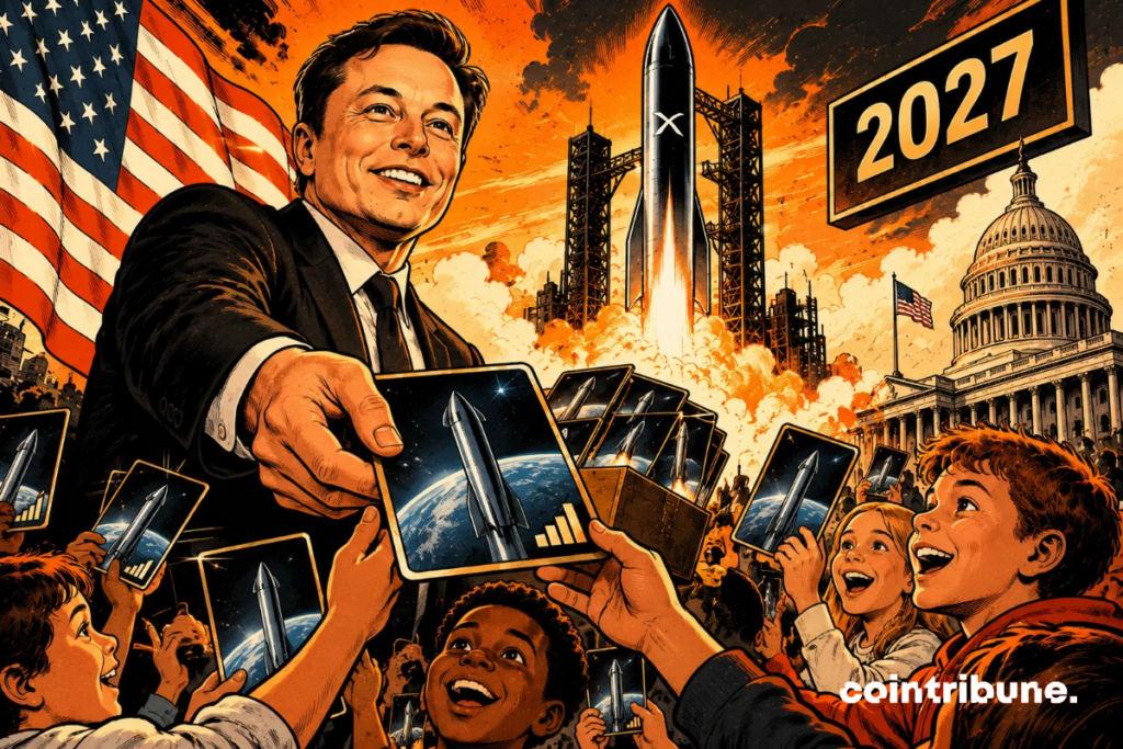 The scene illustrates the promise attributed to Elon Musk to offer a SpaceX share to every American child in 2027. In the foreground, Elon Musk, smiling, distributes cards symbolizing shares of his company to enthusiastic children. Their expressions reflect the hope of accessing a part of the space adventure. In the background, a SpaceX rocket takes off, evoking innovation and ambitions for space conquest. The American flag and the Capitol recall the national dimension of this announcement. The number 2027 underlines the announced deadline. The whole represents an ambitious promise, without guaranteeing its realization.