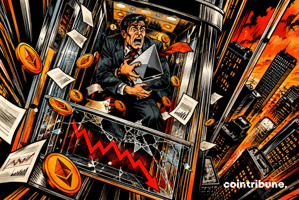 A terrified investor falls down a financial elevator, clutching Ether as bearish charts, coins and debris symbolize the debacle.