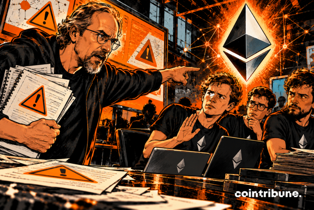 On the left, Adam Back, recognizable by his glasses and beard, points an accusing finger at the Ethereum developers. His stern expression conveys his frustration. He holds documents bearing warning symbols, representing the technical risks he claims to have reported. On the right, Vitalik Buterin and two other developers, represented symbolically, display skeptical or indifferent attitudes. Their expressions suggest a refusal to take these warnings seriously. The gigantic Ethereum logo in the background clearly identifies the project in question, while the orange flashes reinforce the tension of the confrontation.