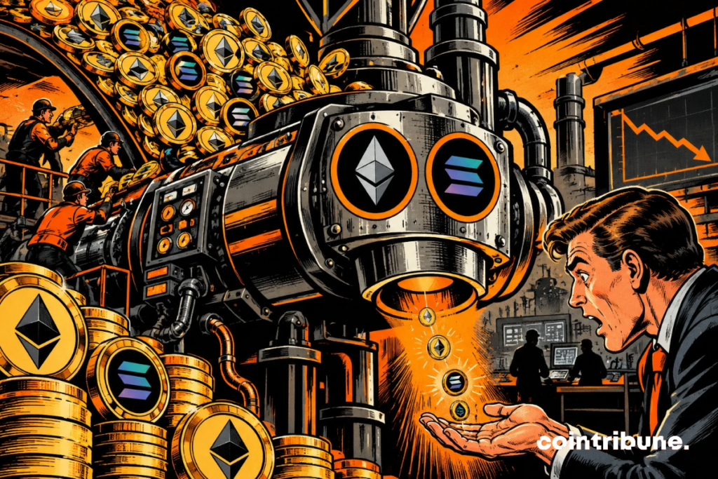 A huge industrial machine swallowing Ethereum and Solana coins, but only distributing a few tokens to a stunned crypto investor, symbolizing falling staking returns despite record volumes