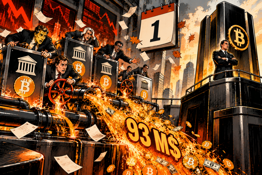 A gigantic financial room is divided into two platforms. On the right, an imposing black institutional tower representing BlackRock remains perfectly stable. A manager in a suit observes the scene from this platform, arms crossed, without directly participating in the movement of capital. Left and center, several institutional vaults containing Bitcoin coins are connected to a massive network of pipes. Suddenly, a huge pipeline ruptures and a torrent of capital marked only as “$93M” is sucked out of the coffers. The managers of other ETFs are desperately trying to close the floodgates.