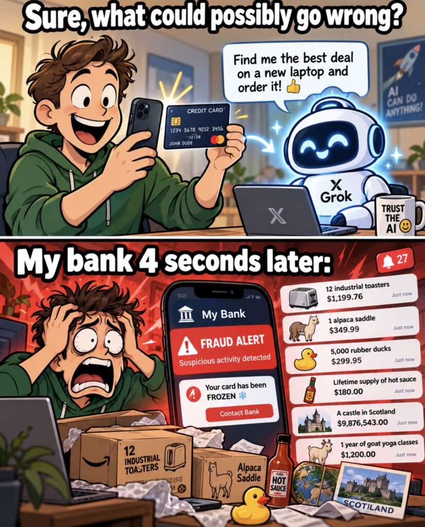 The most relayed image comes from the Backlog Alpha account under Elon Musk's publication. It shows a user who entrusts their card to the Grok AI and receives, four seconds later, absurd purchases.