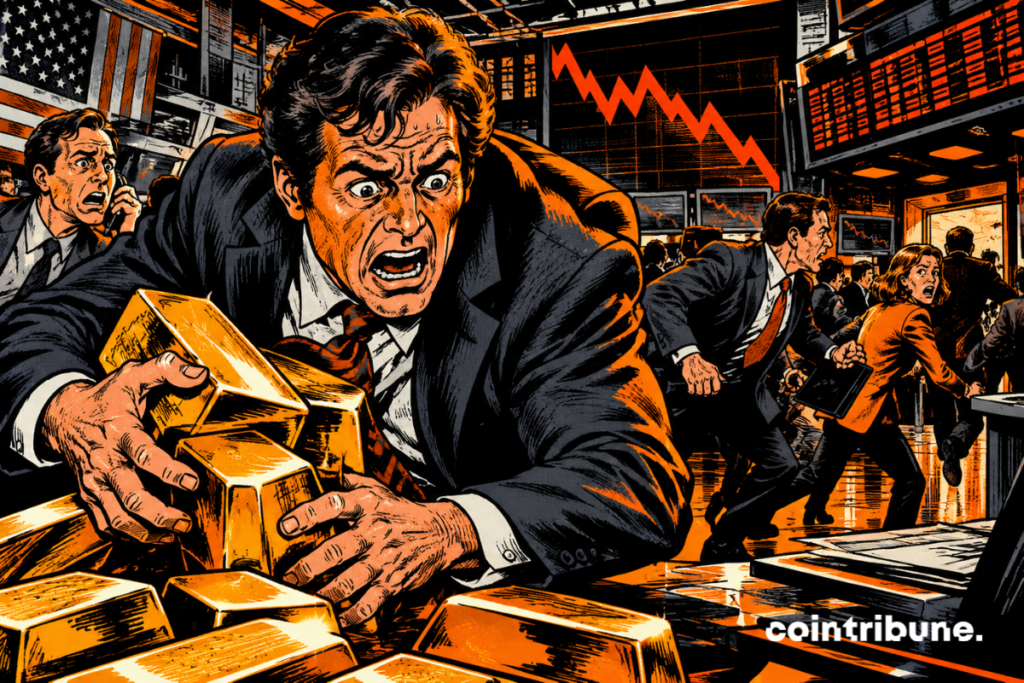A panicked trader clutches gold bars in a trading room, while charts show a sharp drop in prices.